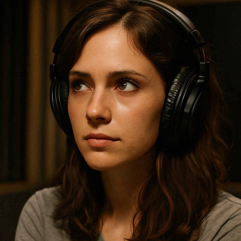 Niva Lorne listening to playback — intimate acoustic production and storytelling vocals